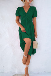 Vestido midi con cuello en V liso y giro frontal